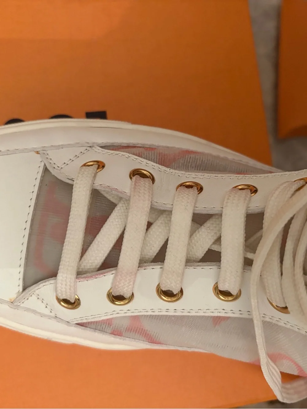Louis Vuitton White High-Top Sneakers with Pink mesh